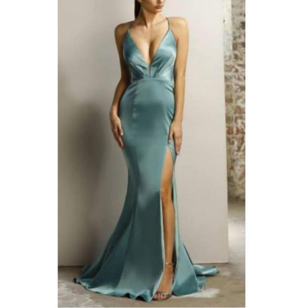 NEW JADORE strappy satin with slit in teal